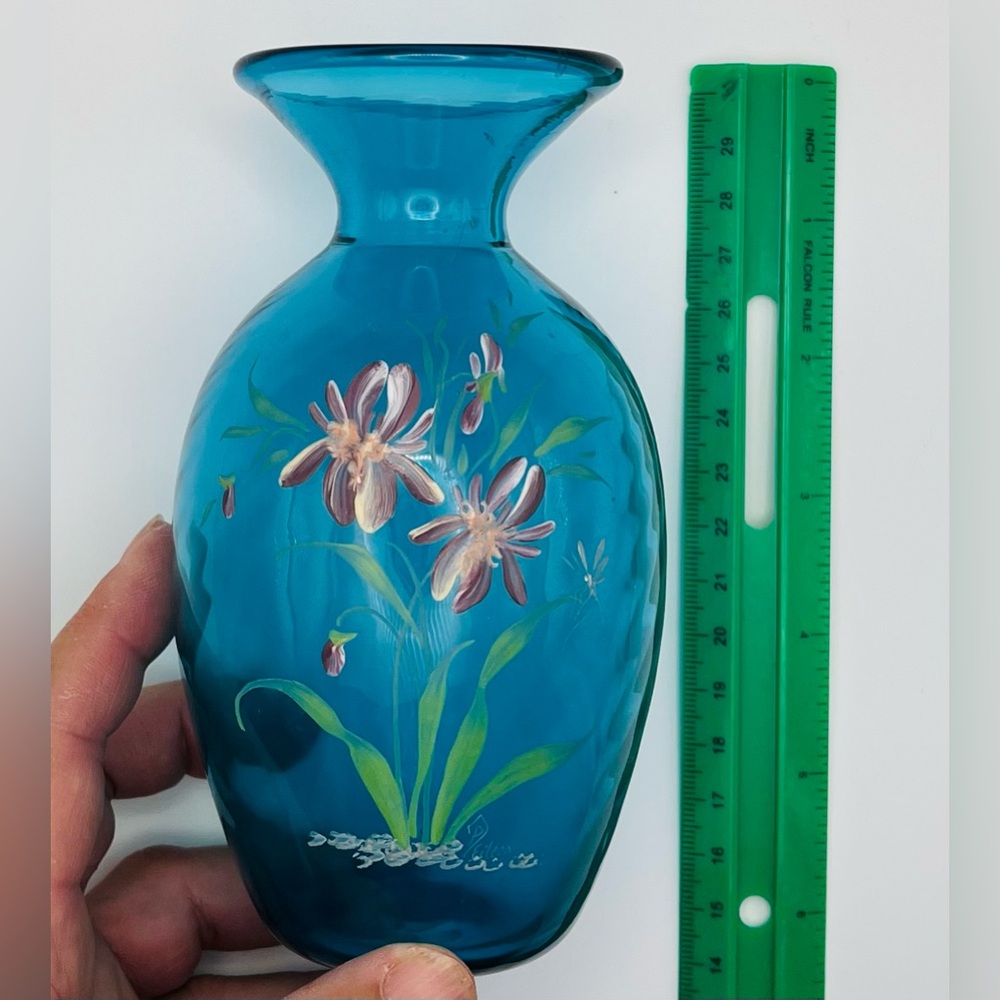 Pairpoint Glass Marina Blue Vase. Painted by Eileen Neary.Hand Blown on Cape Cod
